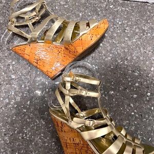 BCBG Paris Glenda Gold Metallic Leather Cork Platform Wedge Sandals